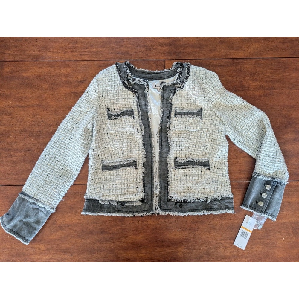 Nanette Lepore Women Ivory Gray Sequin Tweed Jacket Frayed Denim Trim Small NWT